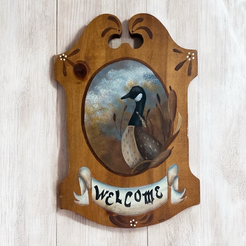 Vintage Handmade Folk Art Tole Painting Goose Welcome Wall Sign Wooden Rustic